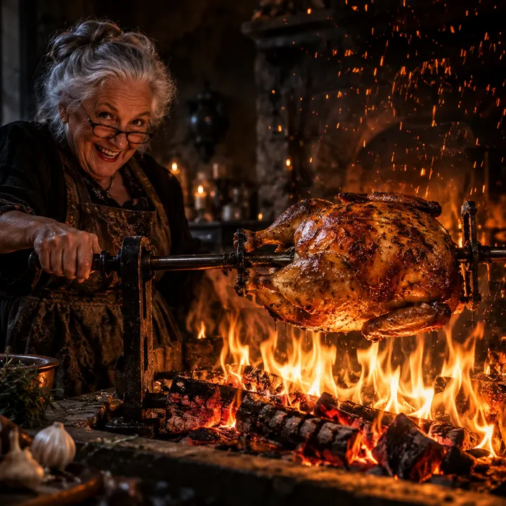 Grandma roasting a chicken