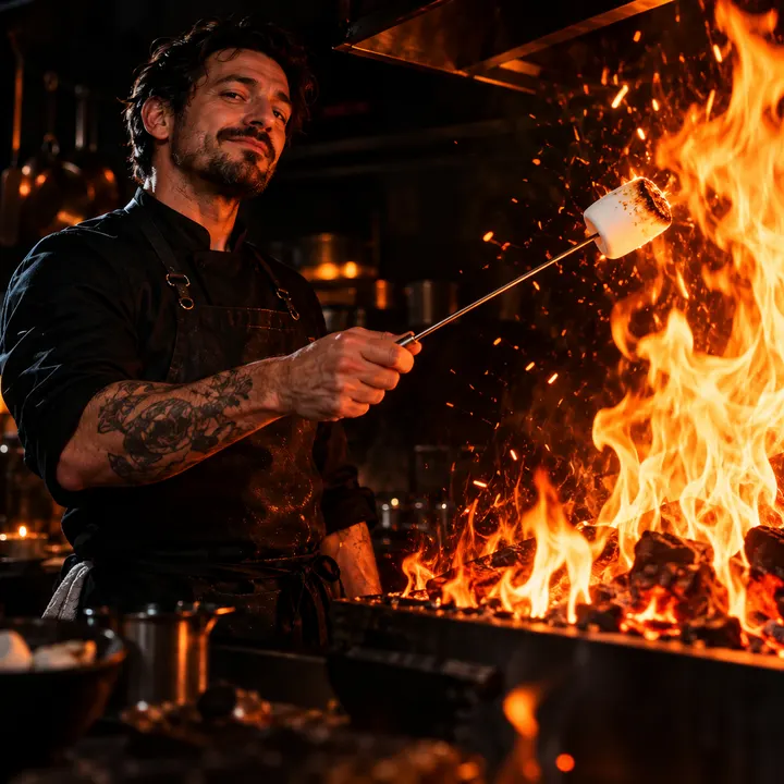 Chef roasting a marshmallow over fire