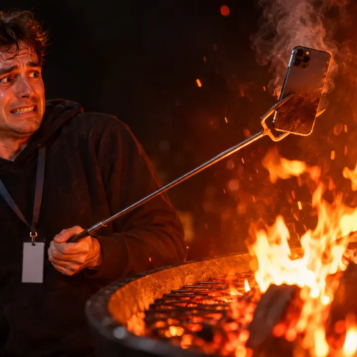 Founder roasting a smartphone over a grill